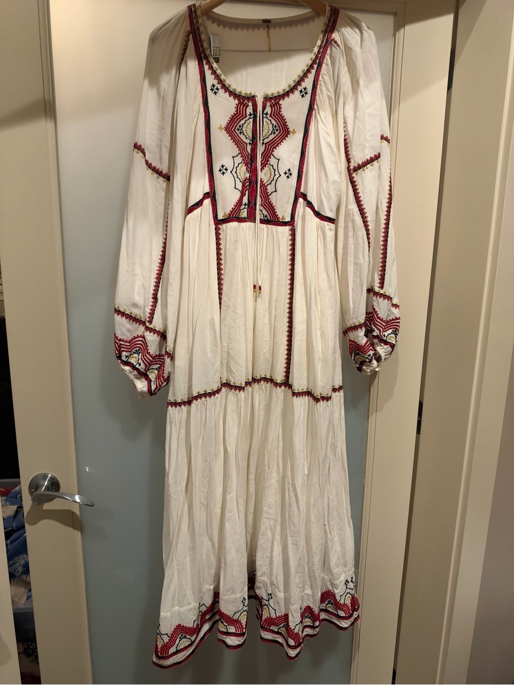 Free People Bohemian Embroidered White Maxi Dress with Red Accents
